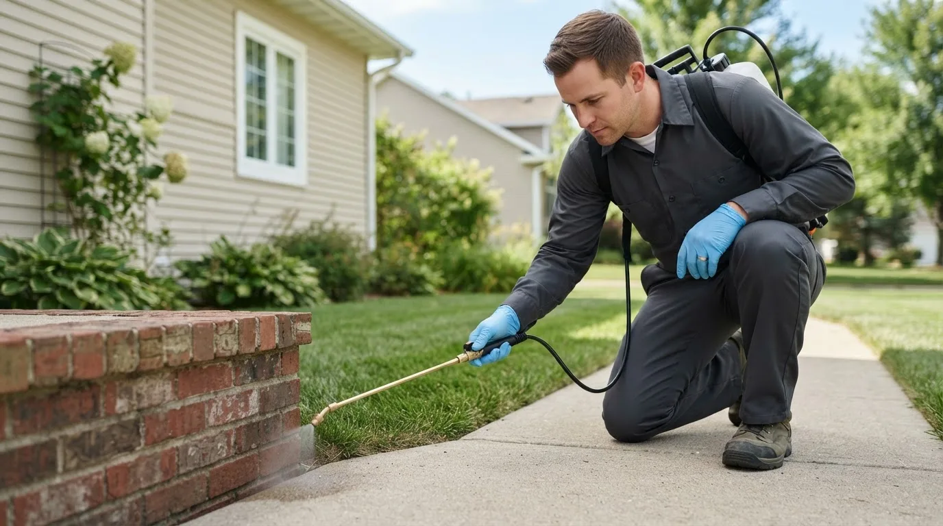 Pest control technician treating a home near Decorah, IA